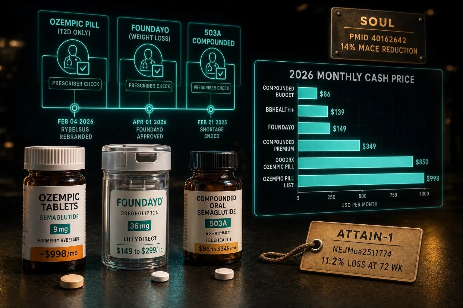 GLP-1 Pills Cost Without Insurance 2026: Ozempic Pill, Foundayo, Compounded