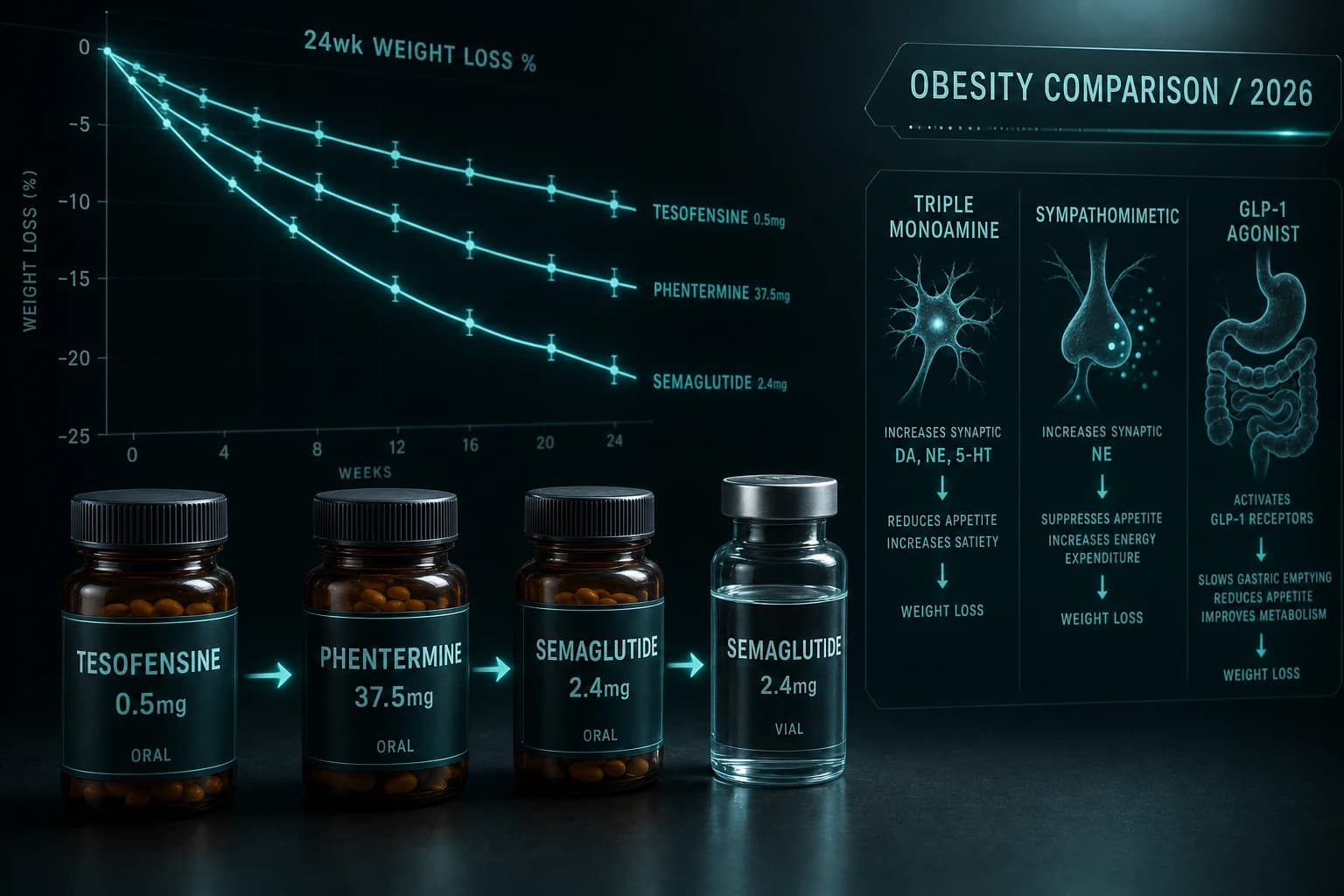 Tesofensine vs Phentermine vs Semaglutide: 2026 Weight Loss Compared